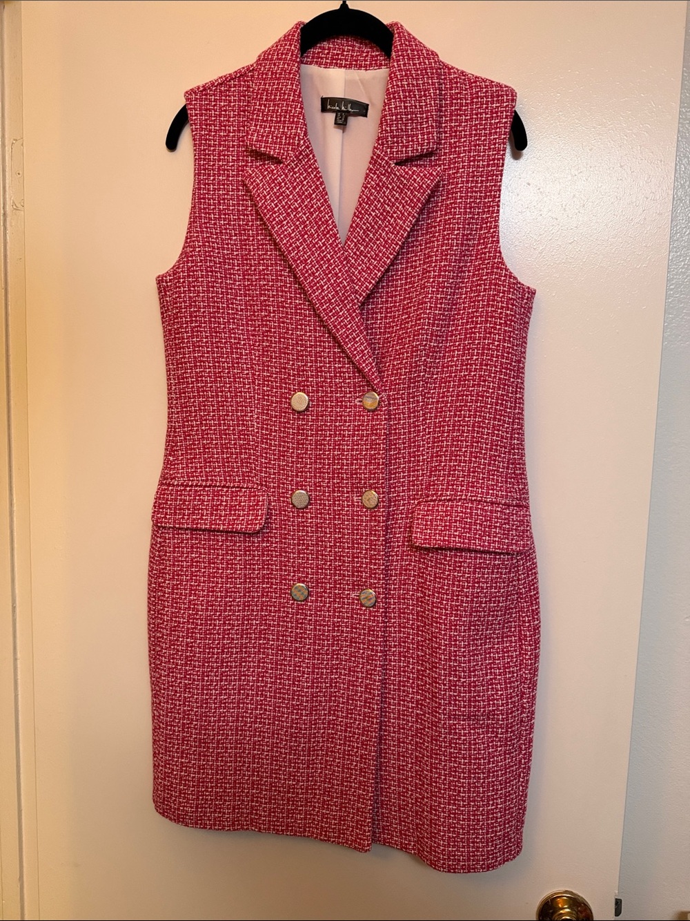 Nicole Miller Pink Tweed Double-Breasted Sleeveless Dress